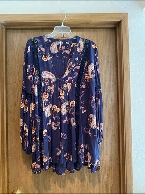 Free People Navy Paisley V-Neck Boho Tunic